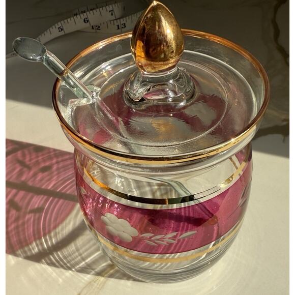 Antique Ruby Flash Glass Jam- Condiment Jar Etched With Gold Trim RARE 4” - Picture 6 of 10